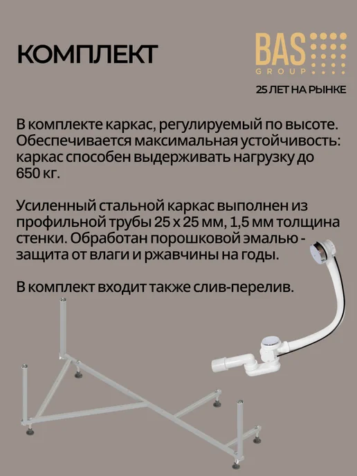 BAS bath acrylic system Ванна акриловая 150х90 левая с каркасом и экраном Тенерифа, 150x90, фото 6