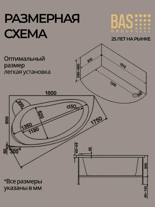 BAS bath acrylic system Ванна акриловая 150х90 левая с каркасом и экраном Тенерифа, 150x90, фото 7