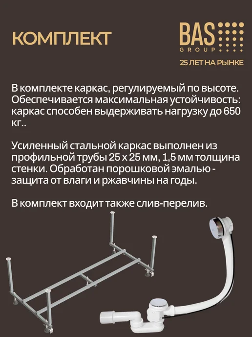 BAS bath acrylic system Ванна акриловая 170х70 с каркасом и экраном Спарта, 170x70, фото 6