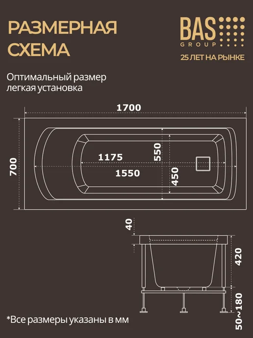 BAS bath acrylic system Ванна акриловая 170х70 с каркасом и экраном Спарта, 170x70, фото 7