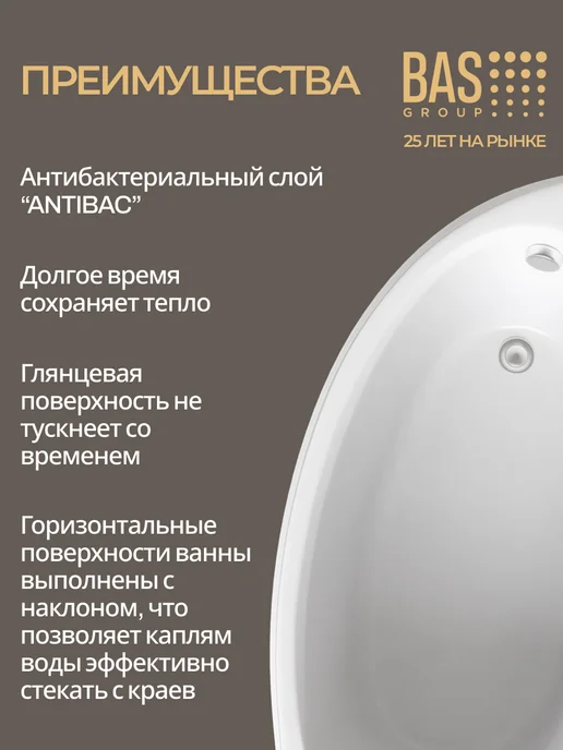 BAS bath acrylic system Ванна акриловая 150х90 правая с каркасом и экраном Дайма, 150x90, фото 3