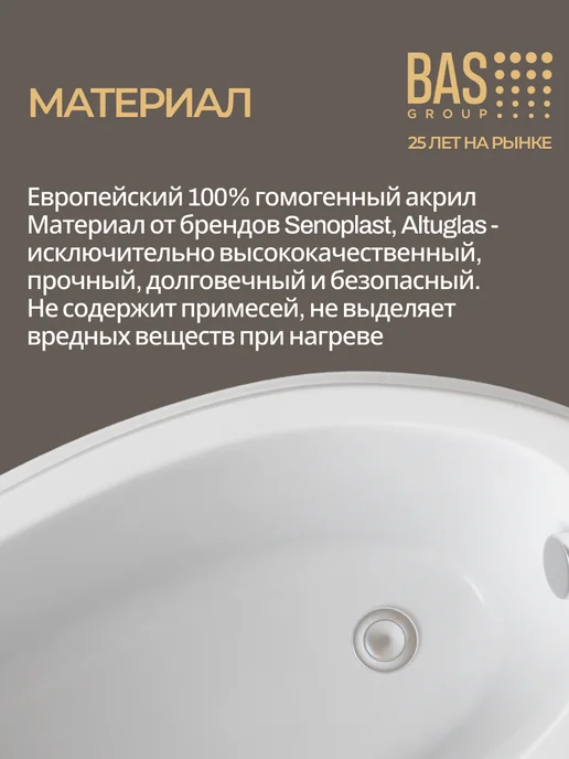 BAS bath acrylic system Ванна акриловая 150х90 правая с каркасом и экраном Дайма, 150x90, фото 5