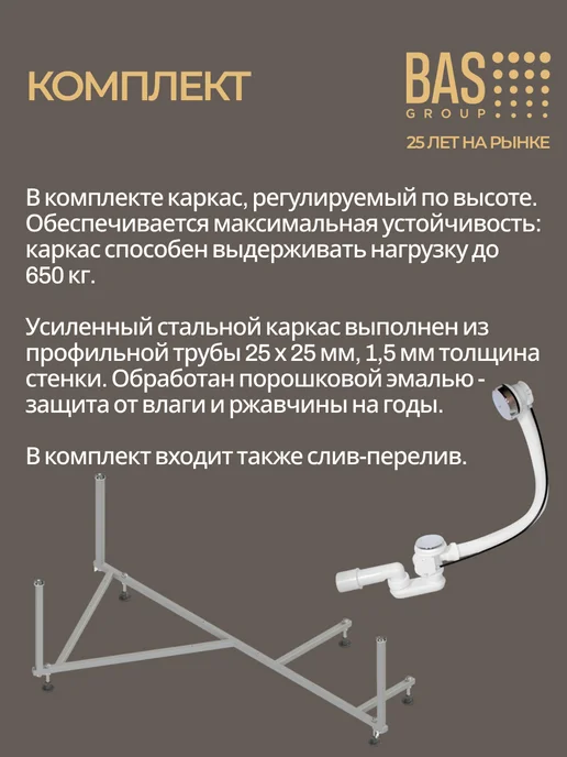 BAS bath acrylic system Ванна акриловая 150х90 правая с каркасом и экраном Дайма, 150x90, фото 6