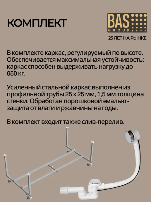 BAS bath acrylic system Ванна акриловая 170х80 с каркасом и экраном Олива, 170x80, фото 6
