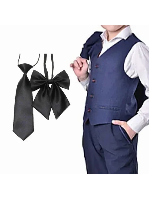Галстук-бабочка с бантом универсальный Black Black, черный, фото 2