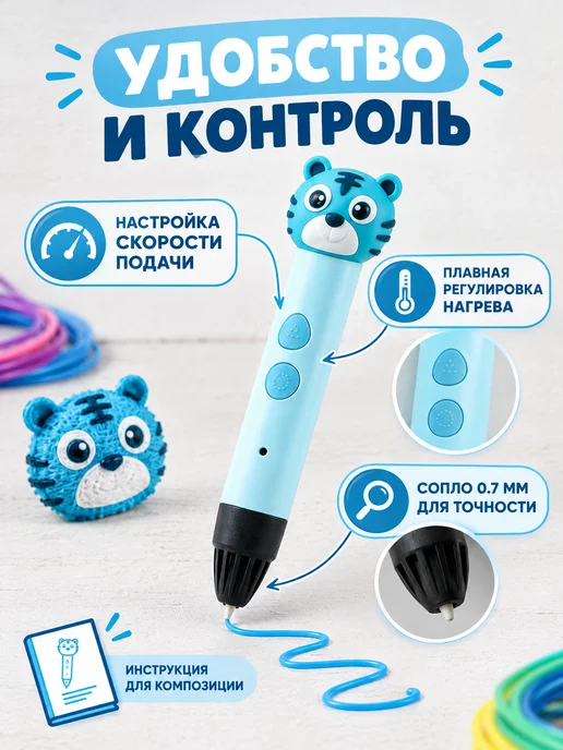 Сималенд 3D ручка для рисования PLA голубая с кабелем USB, голубой, фото 2